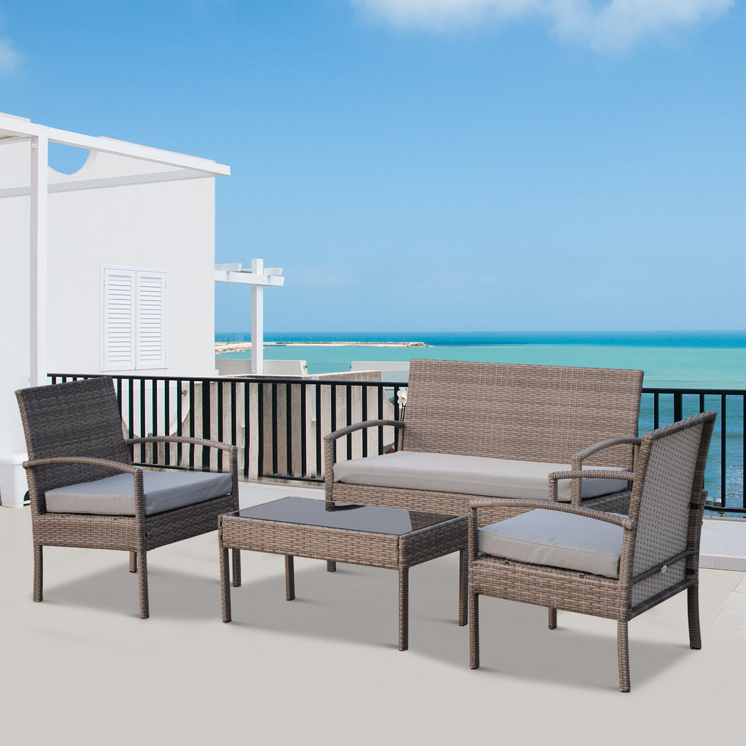 4pc PE Rattan Wicker Conversation Furniture Loveseat Chair Set w Cushions Outdoor Patio, Grey