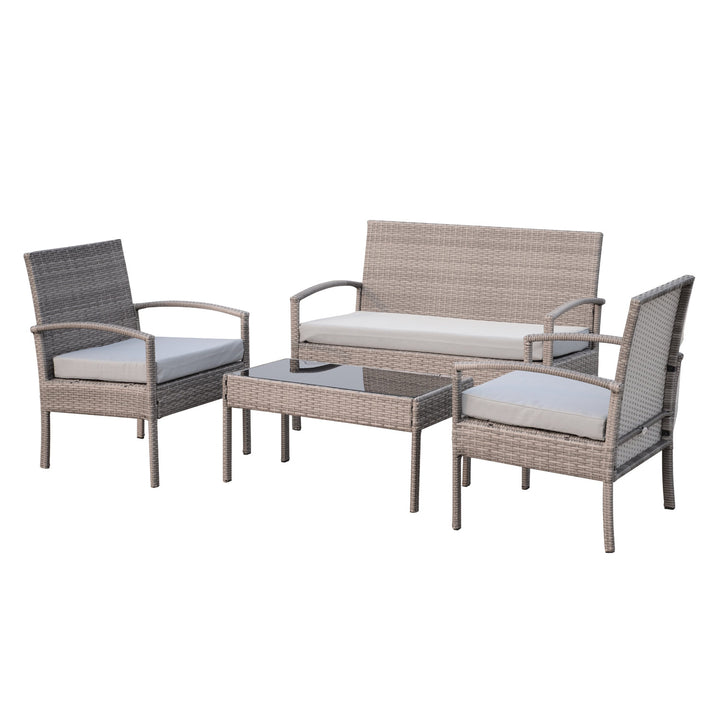4pc PE Rattan Wicker Conversation Furniture Loveseat Chair Set w Cushions Outdoor Patio, Grey