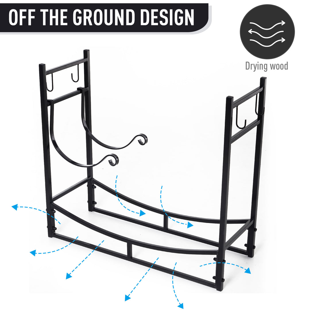 Indoor Outdoor Fire Pit Wood Log Storage Rack w/ Kindling Holder & Tools for Patio Deck - Black