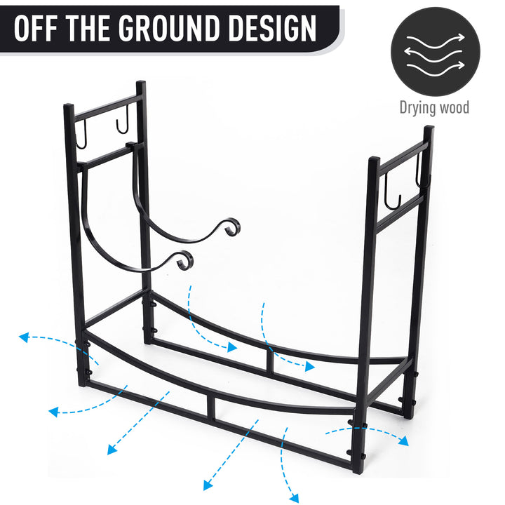 Indoor Outdoor Fire Pit Wood Log Storage Rack w/ Kindling Holder & Tools for Patio Deck - Black