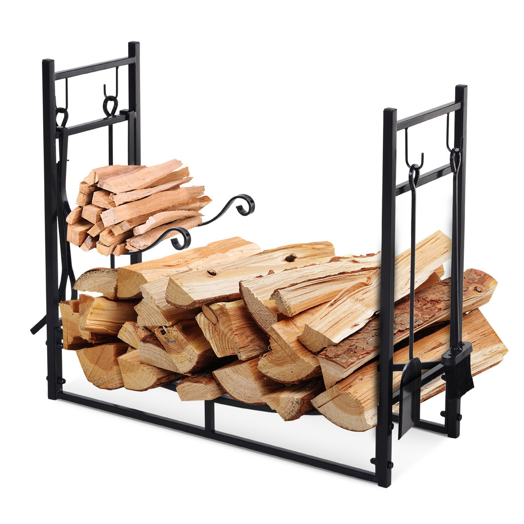 Indoor Outdoor Fire Pit Wood Log Storage Rack w/ Kindling Holder & Tools for Patio Deck - Black