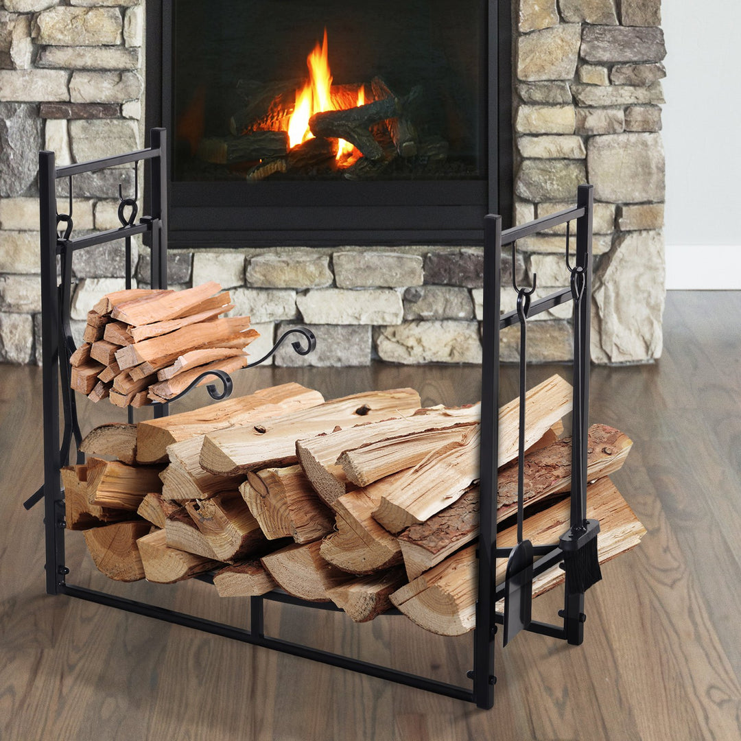 Indoor Outdoor Fire Pit Wood Log Storage Rack w/ Kindling Holder & Tools for Patio Deck - Black