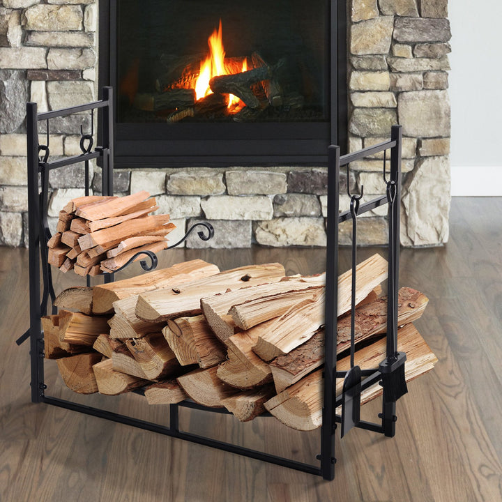 Indoor Outdoor Fire Pit Wood Log Storage Rack w/ Kindling Holder & Tools for Patio Deck - Black