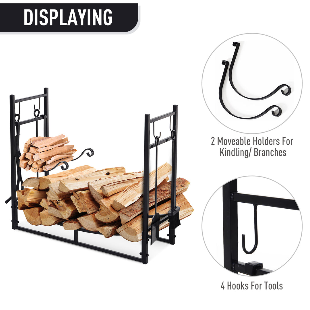 Indoor Outdoor Fire Pit Wood Log Storage Rack w/ Kindling Holder & Tools for Patio Deck - Black