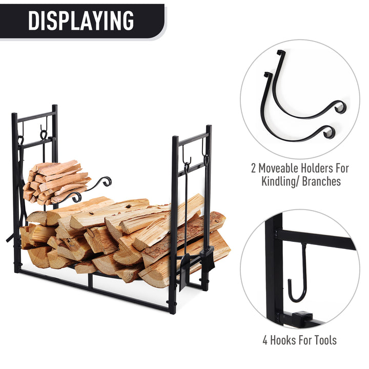 Indoor Outdoor Fire Pit Wood Log Storage Rack w/ Kindling Holder & Tools for Patio Deck - Black