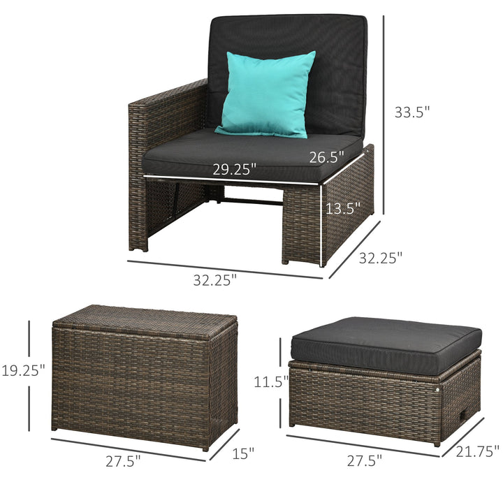 5pc PE Rattan Wicker Reclining Patio Chaise Lounger Seats w Cushion, Footstool, Brown, Dk Grey