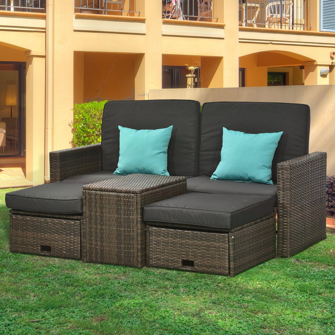 5pc PE Rattan Wicker Reclining Patio Chaise Lounger Seats w Cushion, Footstool, Brown, Dk Grey