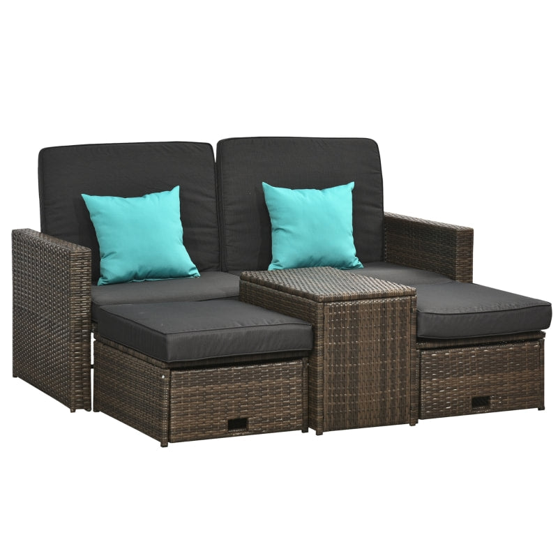 5pc PE Rattan Wicker Reclining Patio Chaise Lounger Seats w Cushion, Footstool, Brown, Dk Grey
