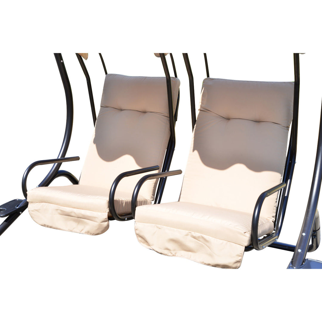 2-Seater Separated Porch Swing w/ Canopy and Cushions for Patio Backyard Garden - Beige & Black