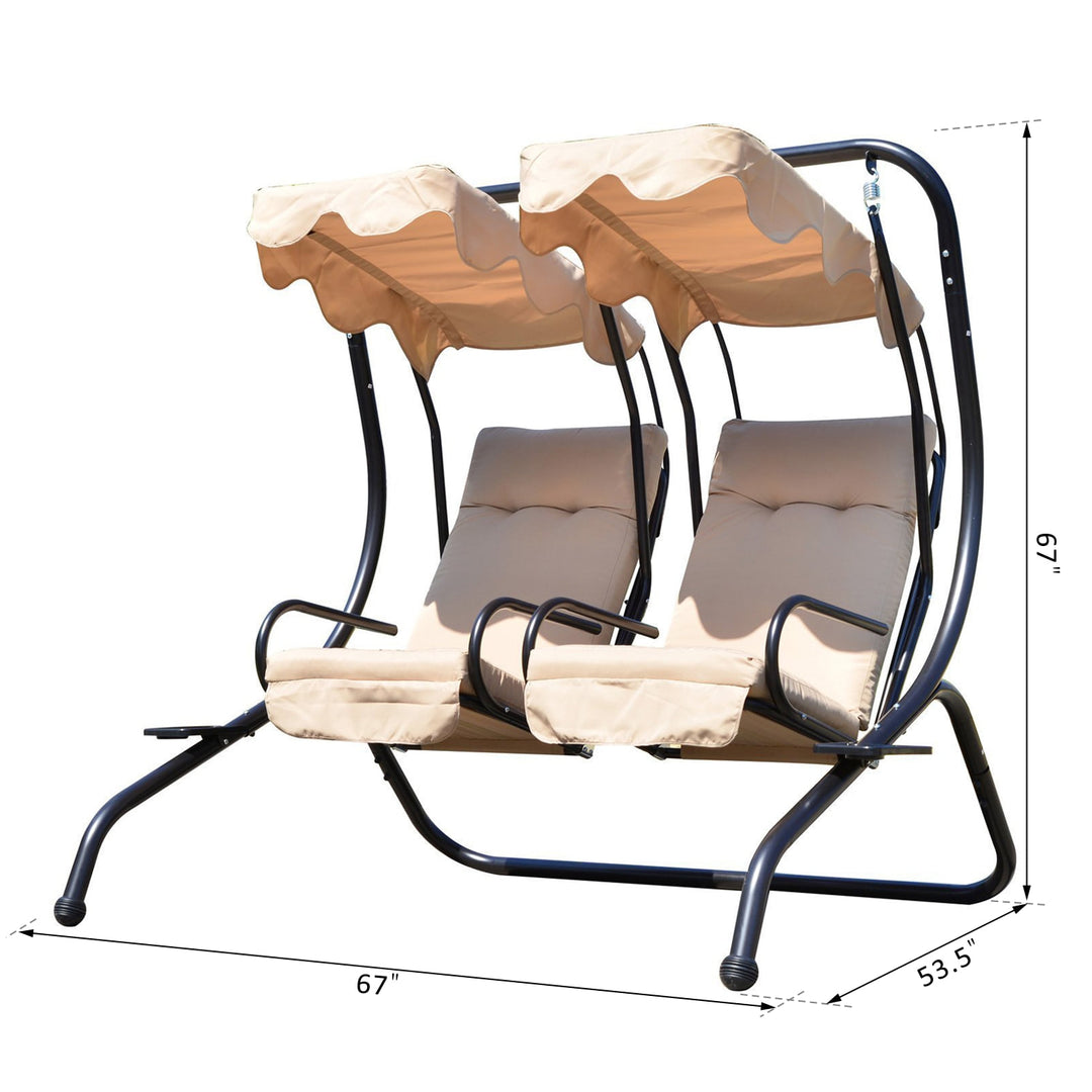 2-Seater Separated Porch Swing w/ Canopy and Cushions for Patio Backyard Garden - Beige & Black