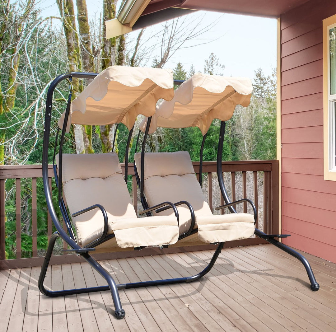2-Seater Separated Porch Swing w/ Canopy and Cushions for Patio Backyard Garden - Beige & Black