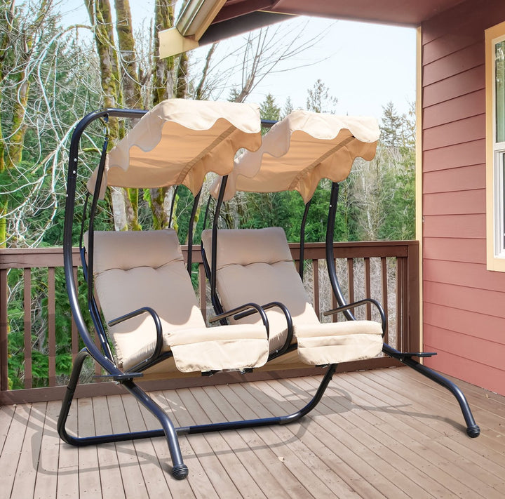 2-Seater Separated Porch Swing w/ Canopy and Cushions for Patio Backyard Garden - Beige & Black
