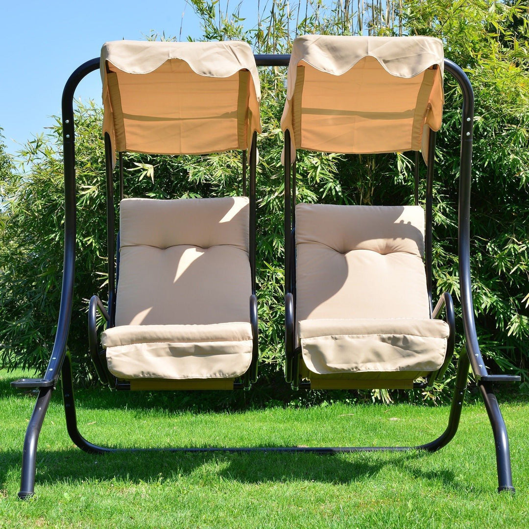 2-Seater Separated Porch Swing w/ Canopy and Cushions for Patio Backyard Garden - Beige & Black