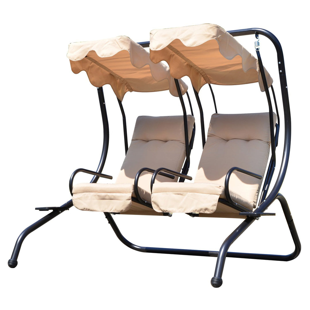 2-Seater Separated Porch Swing w/ Canopy and Cushions for Patio Backyard Garden - Beige & Black