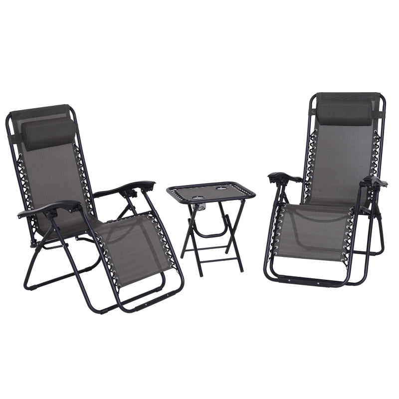 3pc Zero Gravity Folding Lounge Chair Reclining Patio Seats w/ Cup Holder Table, Headrest, Grey