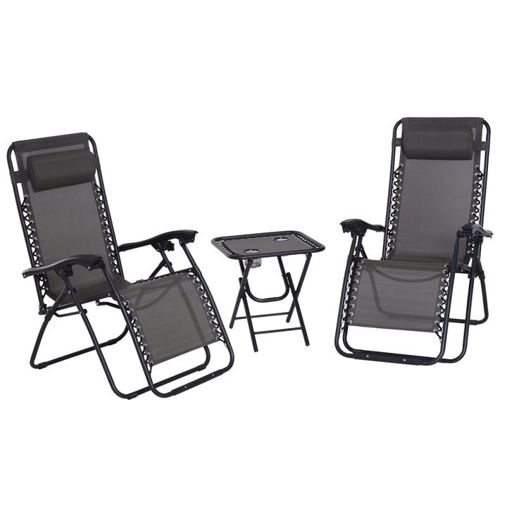 3pc Zero Gravity Folding Lounge Chair Reclining Patio Seats w/ Cup Holder Table, Headrest, Grey