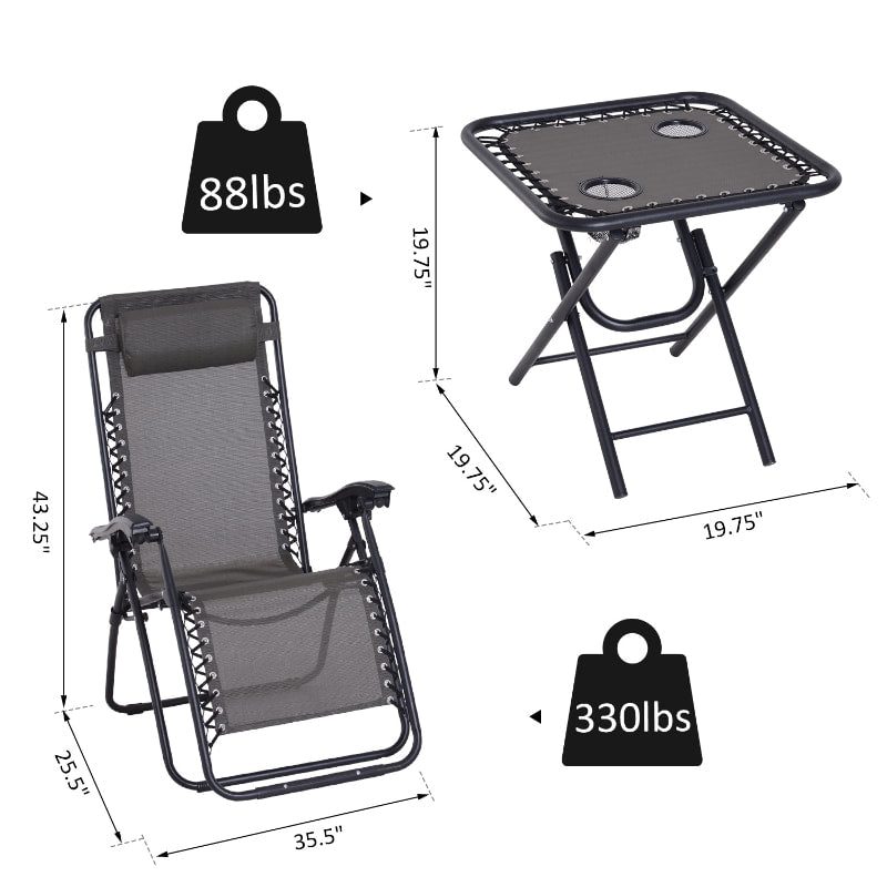 3pc Zero Gravity Folding Lounge Chair Reclining Patio Seats w/ Cup Holder Table, Headrest, Grey