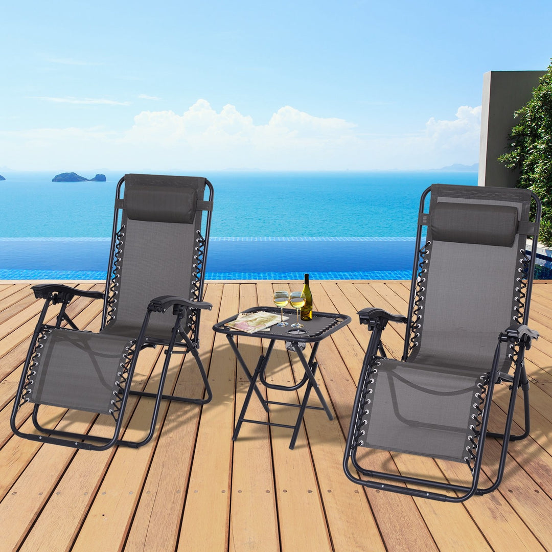 3pc Zero Gravity Folding Lounge Chair Reclining Patio Seats w/ Cup Holder Table, Headrest, Grey