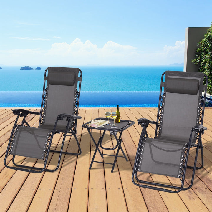 3pc Zero Gravity Folding Lounge Chair Reclining Patio Seats w/ Cup Holder Table, Headrest, Grey