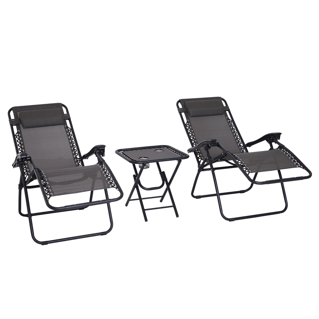 3pc Zero Gravity Folding Lounge Chair Reclining Patio Seats w/ Cup Holder Table, Headrest, Grey