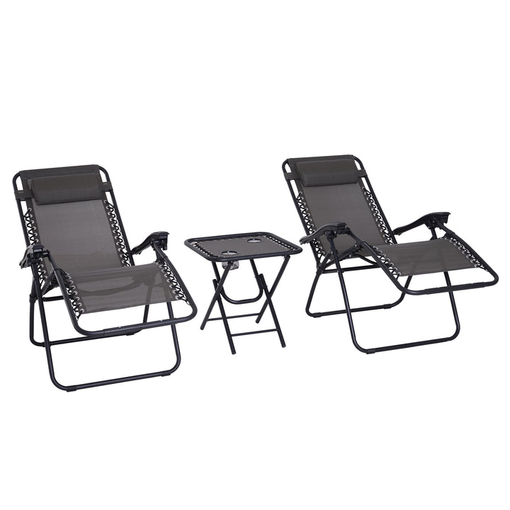 3pc Zero Gravity Folding Lounge Chair Reclining Patio Seats w/ Cup Holder Table, Headrest, Grey