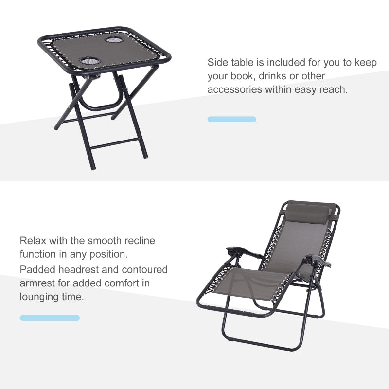 3pc Zero Gravity Folding Lounge Chair Reclining Patio Seats w/ Cup Holder Table, Headrest, Grey