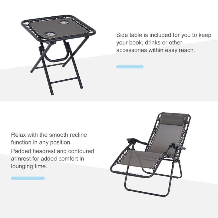 3pc Zero Gravity Folding Lounge Chair Reclining Patio Seats w/ Cup Holder Table, Headrest, Grey
