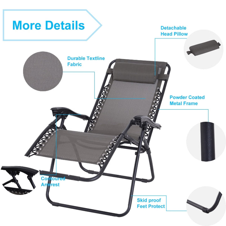 3pc Zero Gravity Folding Lounge Chair Reclining Patio Seats w/ Cup Holder Table, Headrest, Grey