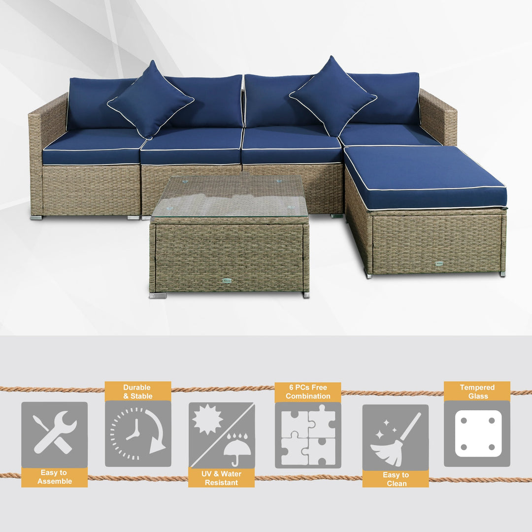 6pc PE Rattan Wicker Conversation Sectional Outdoor Sofa Patio Set w Cushions, Lt Brown, Blue
