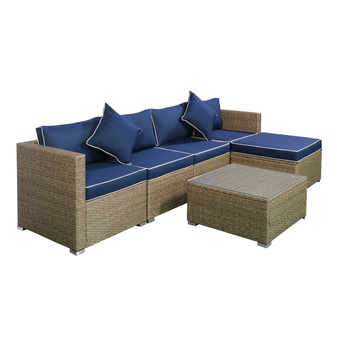 6pc PE Rattan Wicker Conversation Sectional Outdoor Sofa Patio Set w Cushions, Lt Brown, Blue