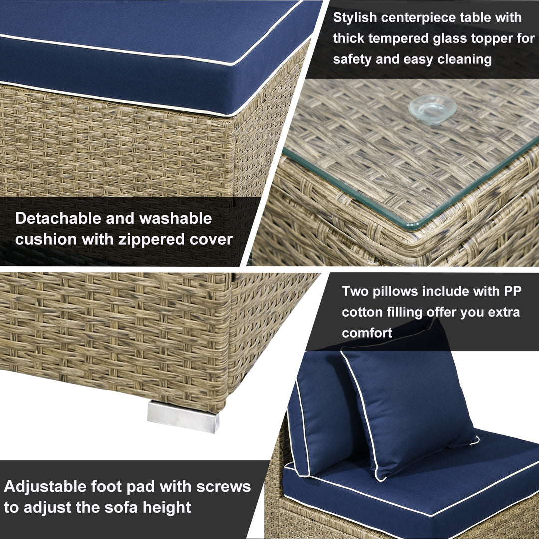 6pc PE Rattan Wicker Conversation Sectional Outdoor Sofa Patio Set w Cushions, Lt Brown, Blue