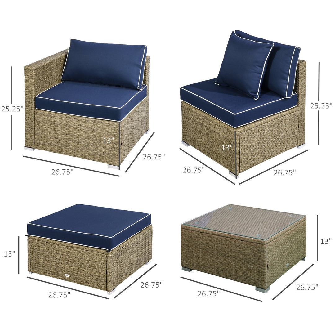6pc PE Rattan Wicker Conversation Sectional Outdoor Sofa Patio Set w Cushions, Lt Brown, Blue