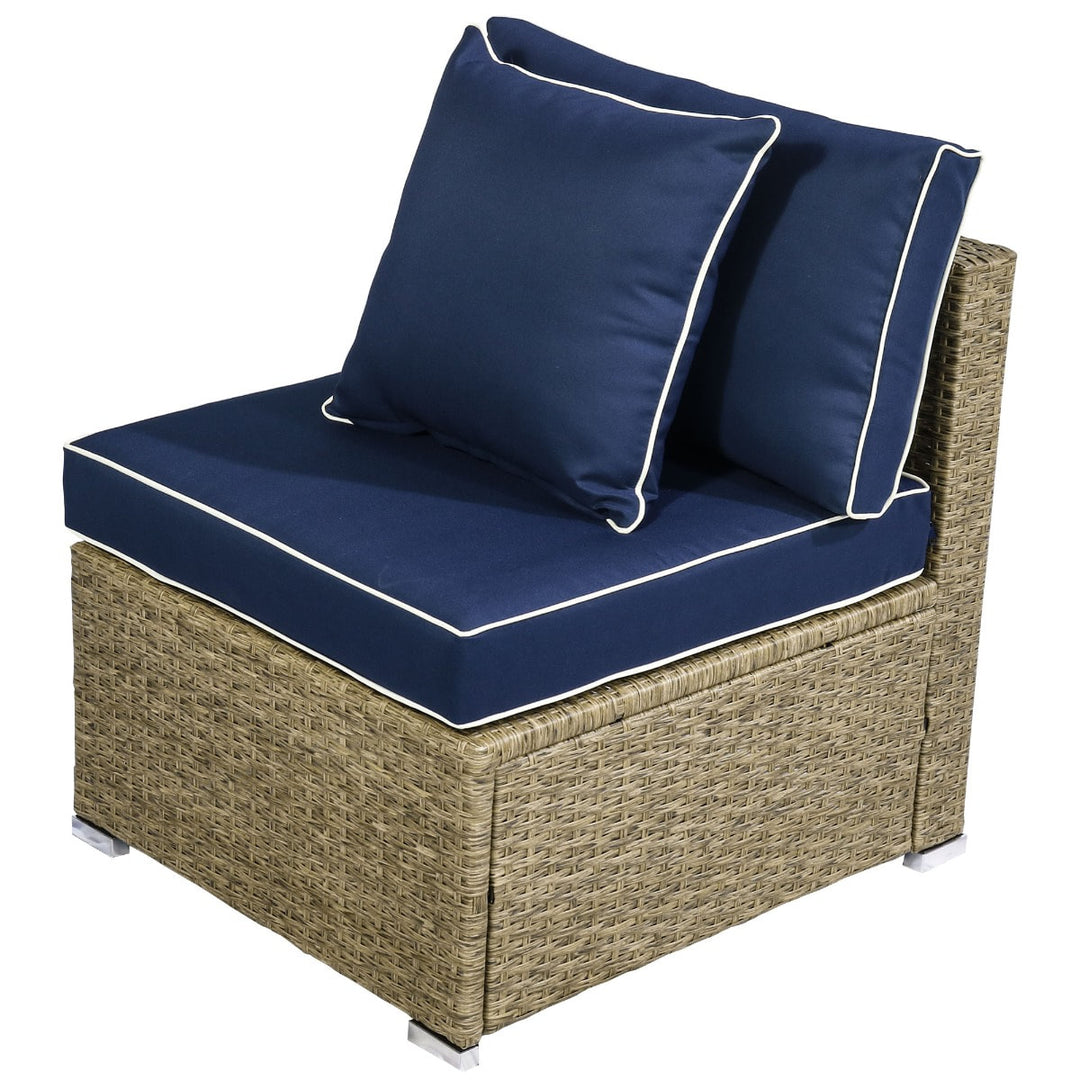 6pc PE Rattan Wicker Conversation Sectional Outdoor Sofa Patio Set w Cushions, Lt Brown, Blue