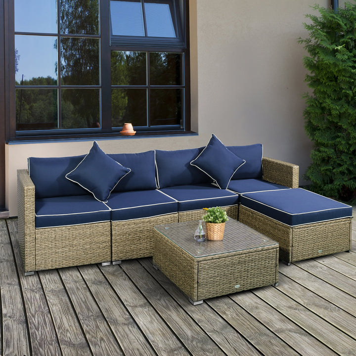6pc PE Rattan Wicker Conversation Sectional Outdoor Sofa Patio Set w Cushions, Lt Brown, Blue
