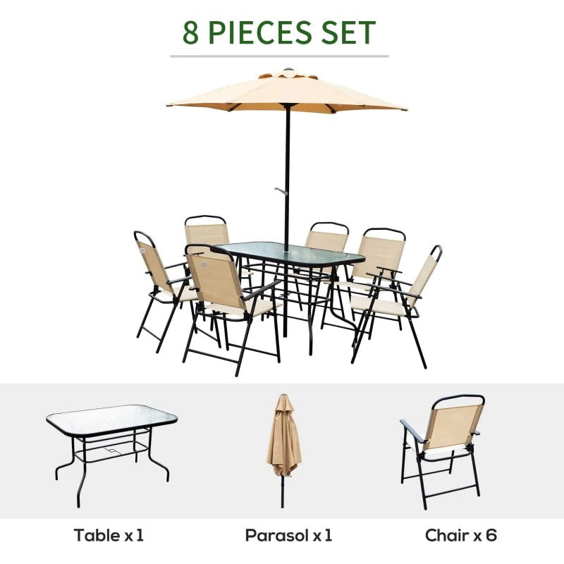 8pc Outdoor Dining Glass Table Set, 6 Folding Lawn Chairs, 7.5' Tilting Patio Umbrella, Beige