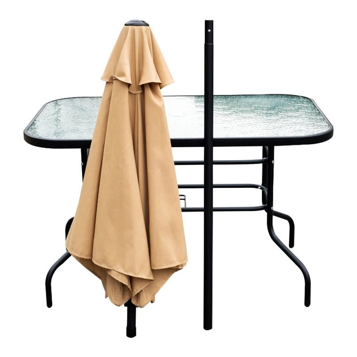 8pc Outdoor Dining Glass Table Set, 6 Folding Lawn Chairs, 7.5' Tilting Patio Umbrella, Beige