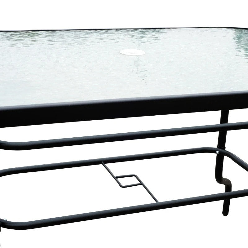 8pc Outdoor Dining Glass Table Set, 6 Folding Lawn Chairs, 7.5' Tilting Patio Umbrella, Beige