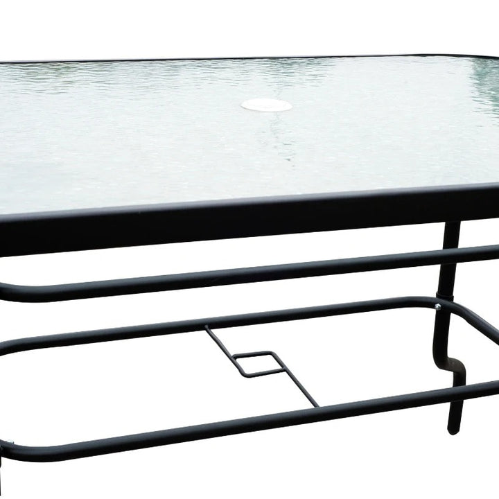 8pc Outdoor Dining Glass Table Set, 6 Folding Lawn Chairs, 7.5' Tilting Patio Umbrella, Beige