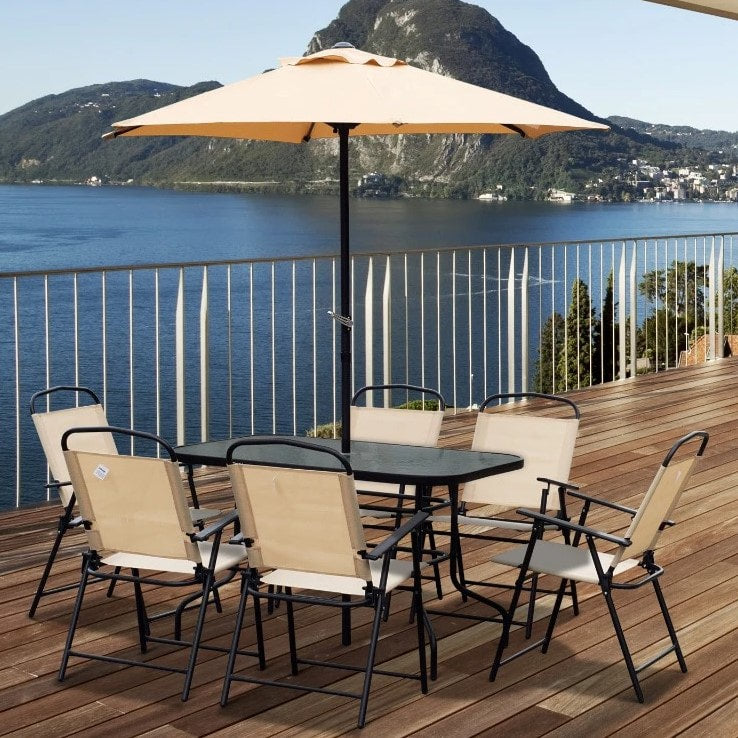 8pc Outdoor Dining Glass Table Set, 6 Folding Lawn Chairs, 7.5' Tilting Patio Umbrella, Beige