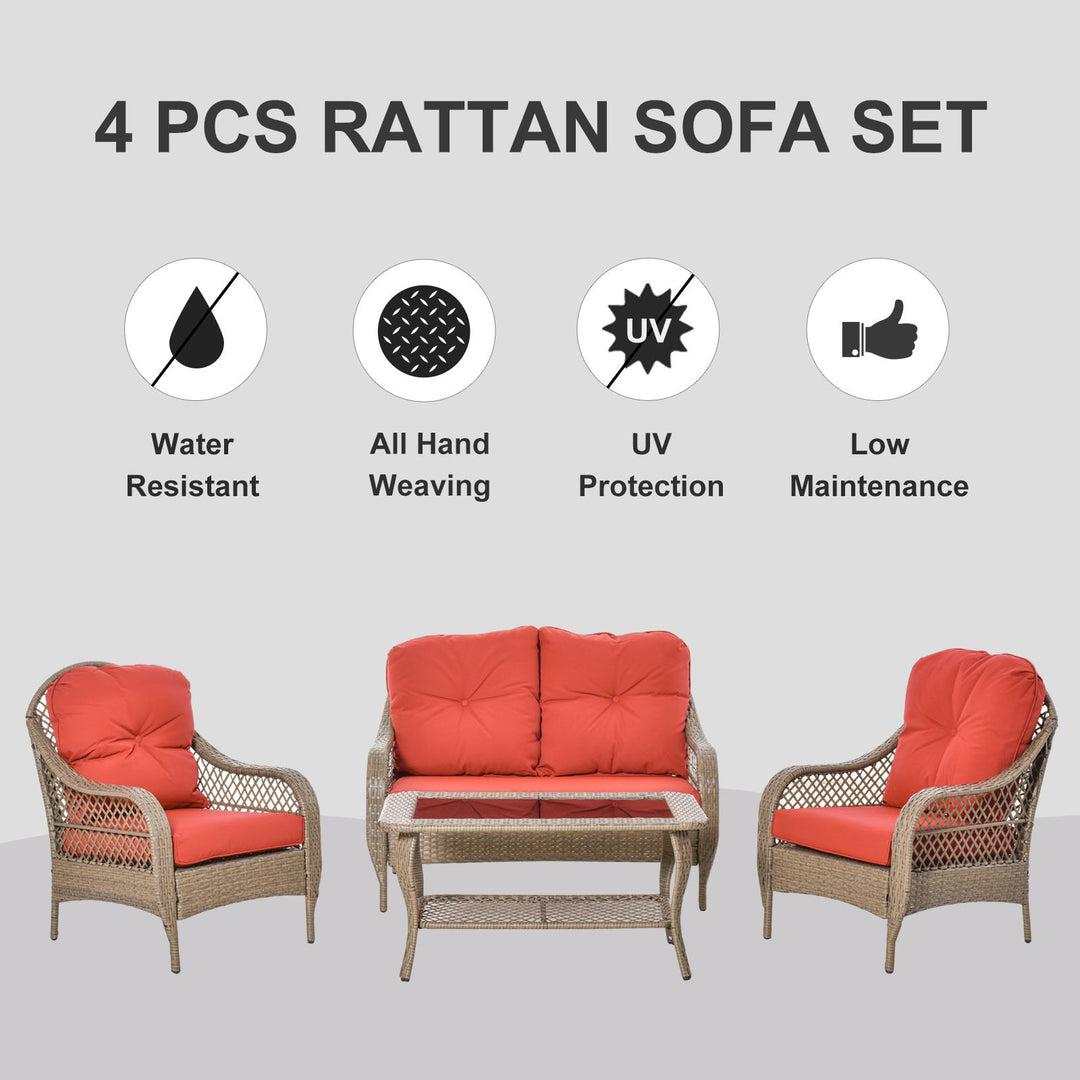 4pc PE Rattan Wicker Conversation Furniture Set w/ Table, Cushions, Outdoor Patio - Brown, Red