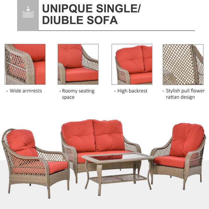 4pc PE Rattan Wicker Conversation Furniture Set w/ Table, Cushions, Outdoor Patio - Brown, Red