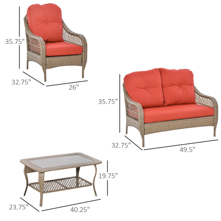 4pc PE Rattan Wicker Conversation Furniture Set w/ Table, Cushions, Outdoor Patio - Brown, Red