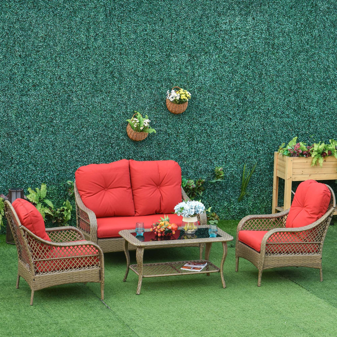4pc PE Rattan Wicker Conversation Furniture Set w/ Table, Cushions, Outdoor Patio - Brown, Red
