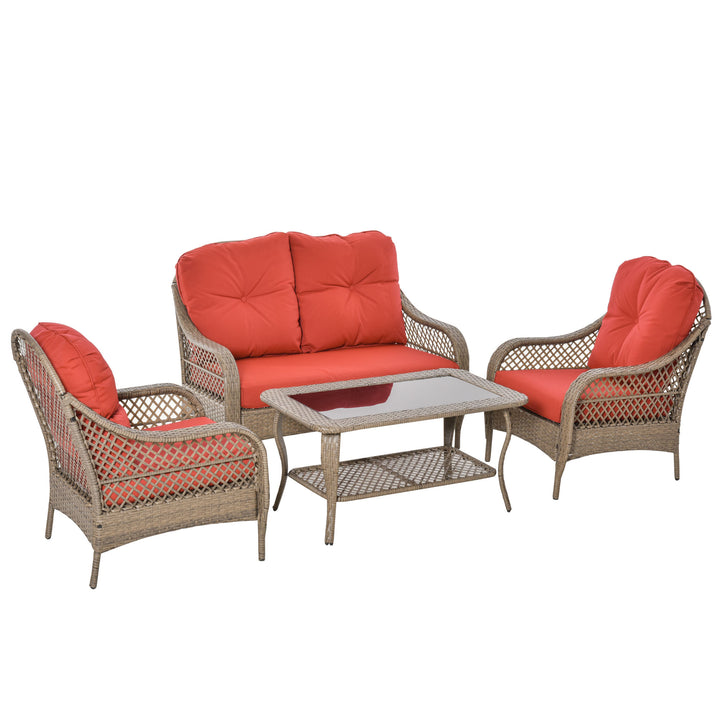 4pc PE Rattan Wicker Conversation Furniture Set w/ Table, Cushions, Outdoor Patio - Brown, Red