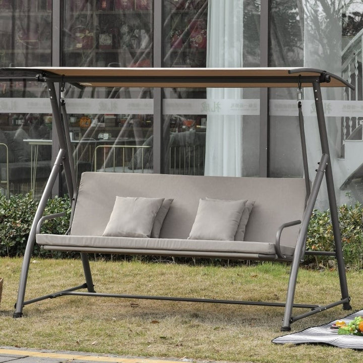 2-in-1 Outdoor 3-Seater Porch Swing / Hammock Day Bed w Canopy for Patio Garden Deck - Lt Brown