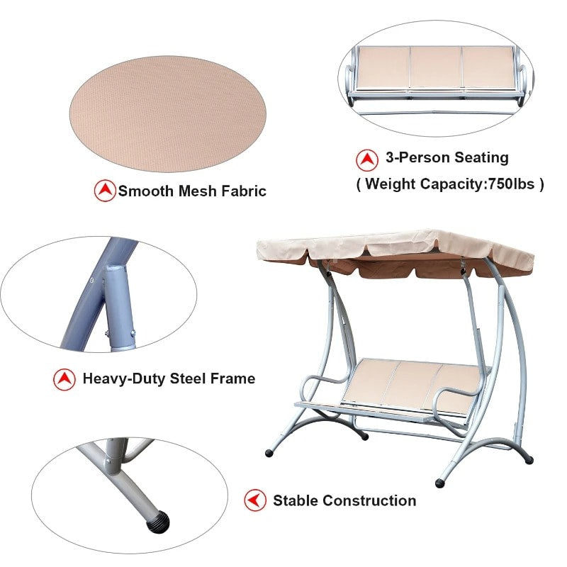Outdoor 3-Seater Mesh Swing Lounger w/ Adjustable Canopy for Patio Backyard Garden - Beige