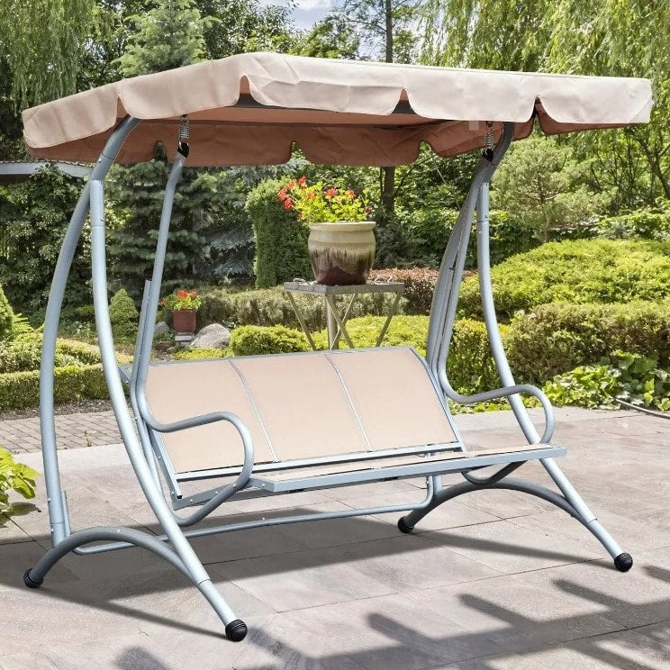 Outdoor 3-Seater Mesh Swing Lounger w/ Adjustable Canopy for Patio Backyard Garden - Beige