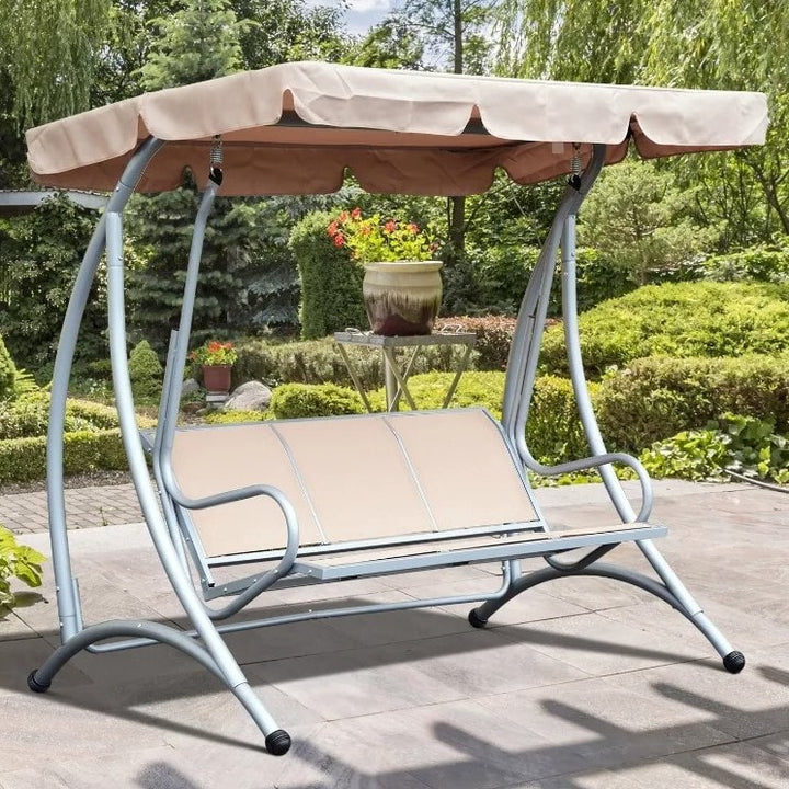 Outdoor 3-Seater Mesh Swing Lounger w/ Adjustable Canopy for Patio Backyard Garden - Beige