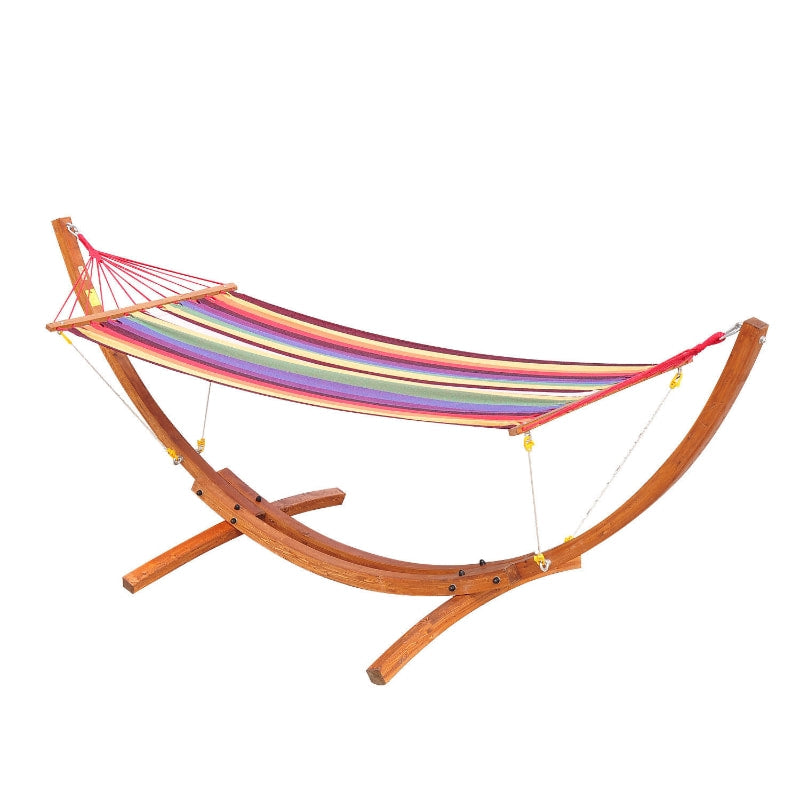 Freestanding Wide Cotton Hammock Swing Day Bed w Solid Wood Stand & Safety Ropes - Rainbow Red