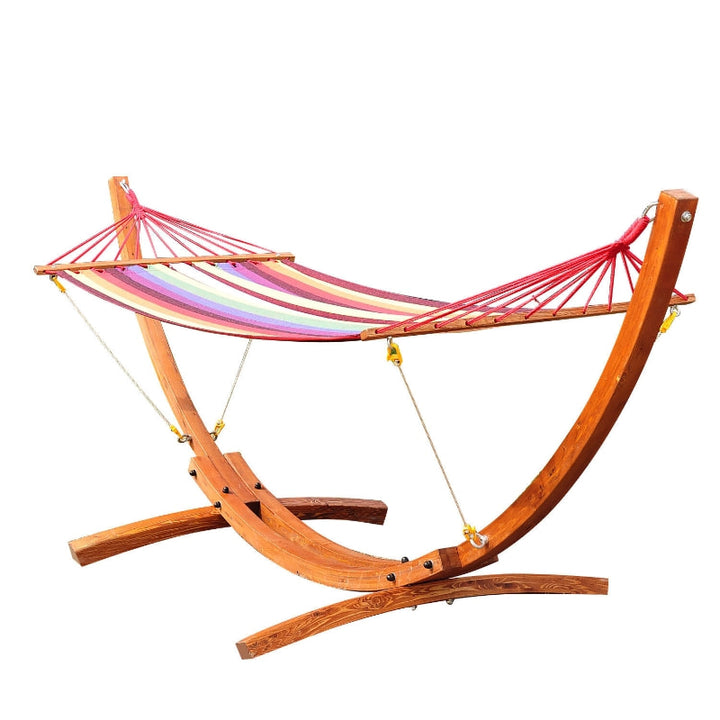 Freestanding Wide Cotton Hammock Swing Day Bed w Solid Wood Stand & Safety Ropes - Rainbow Red